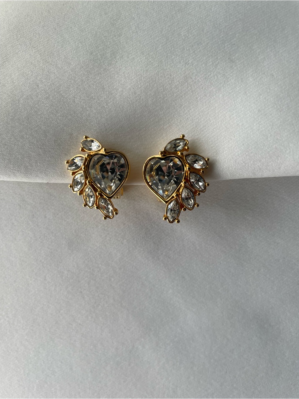 Vintage Signed Romantic Monet Gold-Tone Crowned Heart Rhinestone Stud Earrings